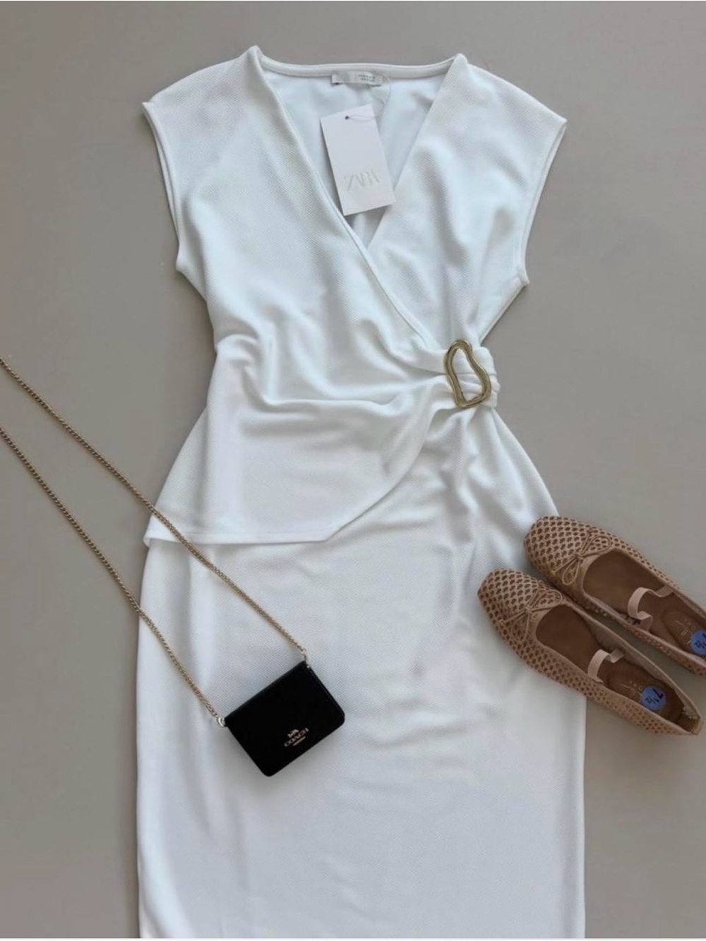 Zara Cream Wrap Midi Dress with Gold Buckle